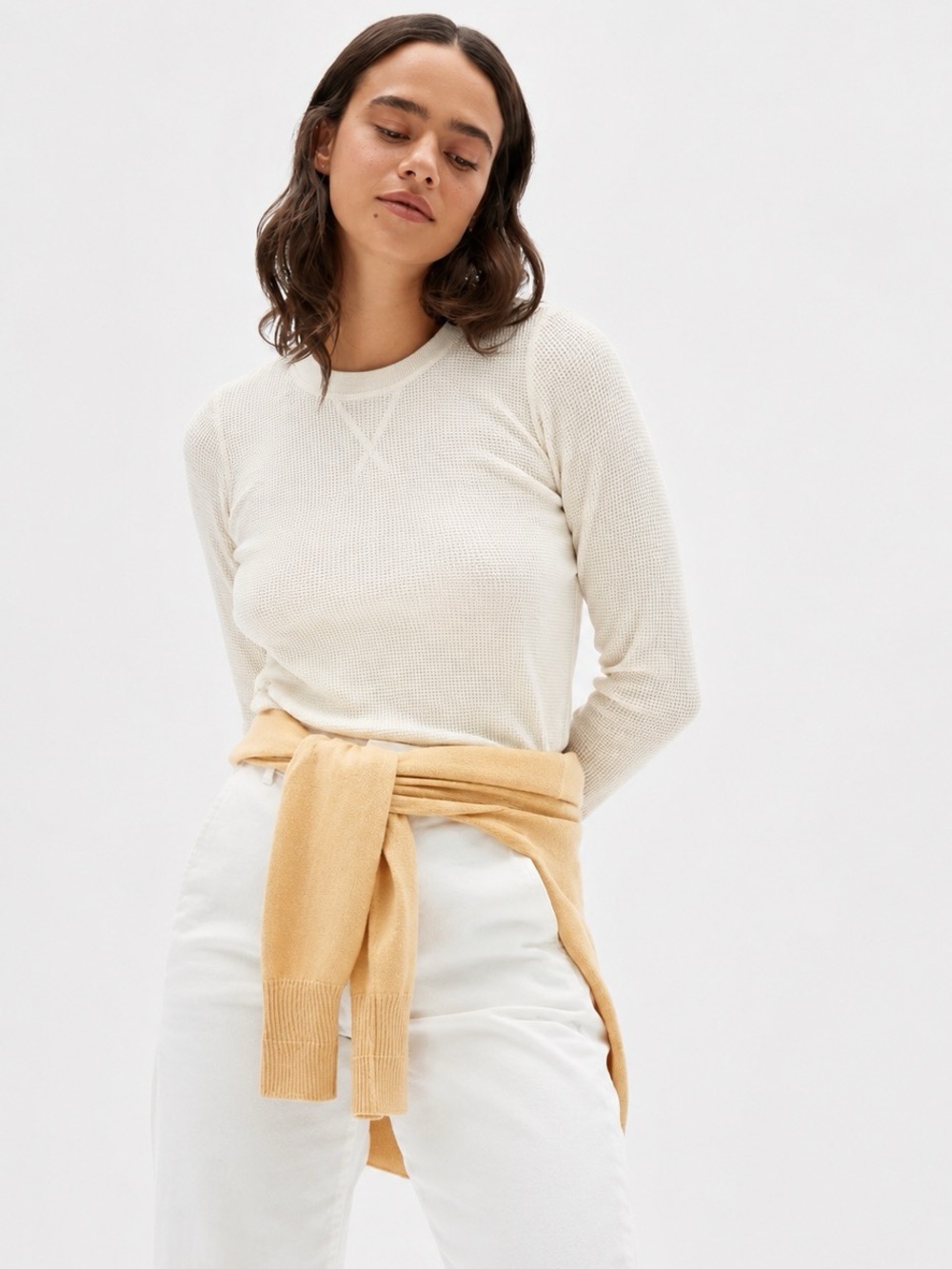 Everlane Organic Cotton Waffle Long Sleeve Tee Cream Minimalist Women Size S